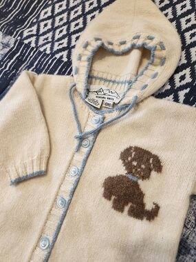 100% American Cashmere Cream & Blue Baby Hooded Bodysuit W/Puppy